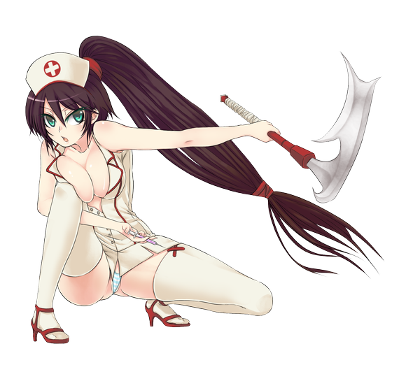 Anime picture 1500x1364 with league of legends akali (league of legends) fuya (tempupupu) single long hair breasts open mouth light erotic brown hair large breasts sitting green eyes cleavage ponytail alternate costume legs sleeveless transparent background nurse girl