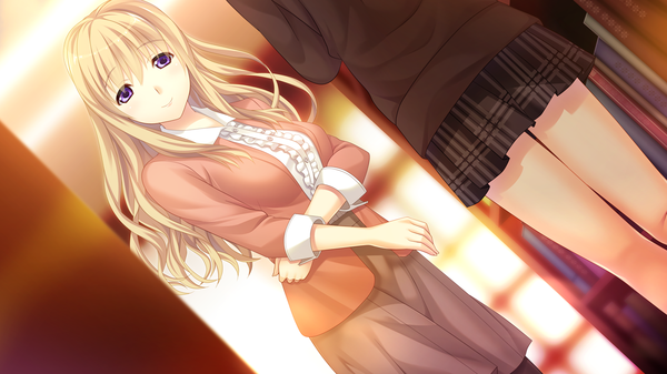 Anime picture 1280x720 with houkago no futekikakusha honnami shiori long hair looking at viewer blonde hair smile wide image purple eyes game cg girl dress