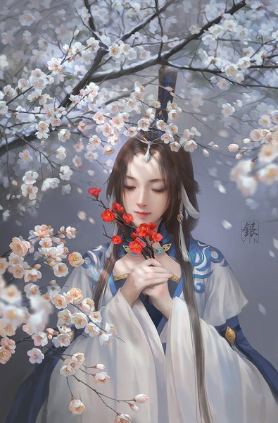 Anime picture 768x1165 with jian wang 3 kingsoft tagme (character) yinse qi ji single long hair tall image simple background brown hair holding signed upper body eyes closed very long hair traditional clothes realistic wide sleeves chinese clothes plum blossoms girl