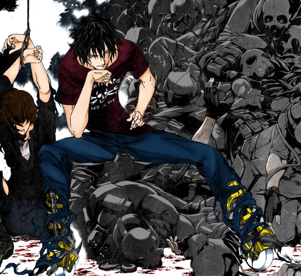 Anime picture 1524x1400 with air gear toei animation takeuchi sora udo akira oogure ito mahayuu (artist) short hair black hair brown hair sitting torn clothes hair over eyes mechanical boy blood jeans handcuffs corpse