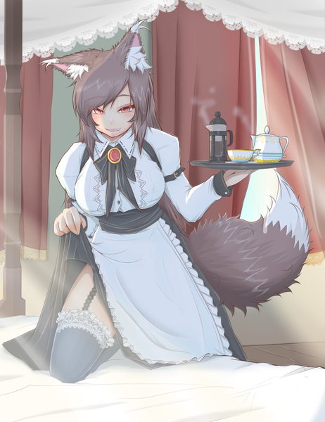 Anime picture 1112x1443 with touhou imaizumi kagerou cube85 single long hair tall image looking at viewer blush breasts open mouth smile red eyes brown hair large breasts animal ears sunlight maid alternate costume sunbeam wolf ears