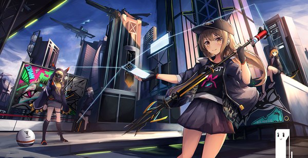 Anime picture 1746x898 with original eruthika long hair blush fringe highres short hair blonde hair smile hair between eyes brown hair wide image standing sitting multiple girls holding brown eyes outdoors open jacket city