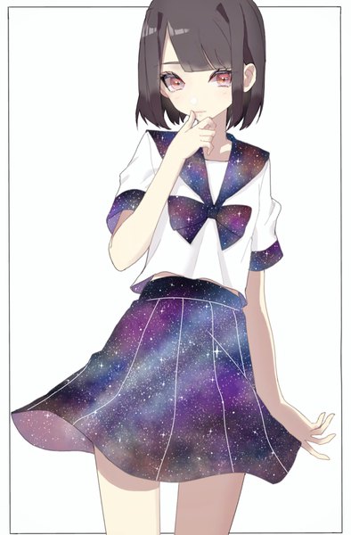 Anime picture 1300x1976 with original daluto (hitomi555) single tall image short hair black hair simple background red eyes standing white background pleated skirt border hand to mouth starry sky print space print girl skirt uniform serafuku