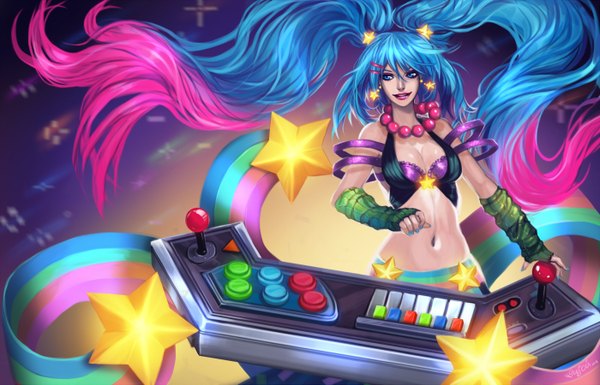 Anime picture 1400x899 with league of legends sona buvelle arcade sona (league of legends) enijoi single looking at viewer highres breasts blue eyes light erotic smile twintails blue hair pink hair cleavage very long hair multicolored hair lips lipstick shiny skin