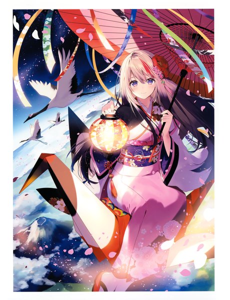 Anime picture 2919x3805 with original eshi 100-nin ten necomi (gussan) single long hair tall image looking at viewer blush fringe highres hair between eyes sitting purple eyes holding sky cloud (clouds) traditional clothes japanese clothes multicolored hair grey hair