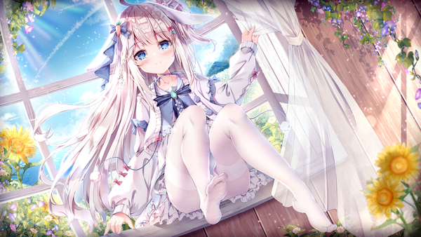 Anime picture 3840x2160 with original manman manyou haiyang de paomo single long hair looking at viewer blush highres blue eyes light erotic smile wide image sitting holding animal ears absurdres sky silver hair cloud (clouds) full body ahoge