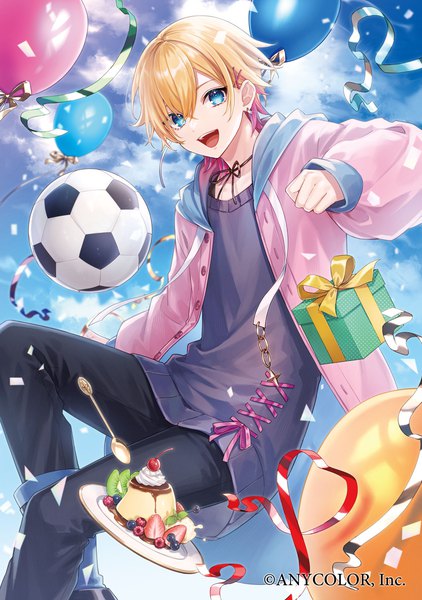 Anime picture 1200x1708 with virtual youtuber nijisanji naruse naru amaichi esora single tall image fringe short hair open mouth blue eyes blonde hair hair between eyes sky cloud (clouds) :d multicolored hair two-tone hair official art boy hair ornament