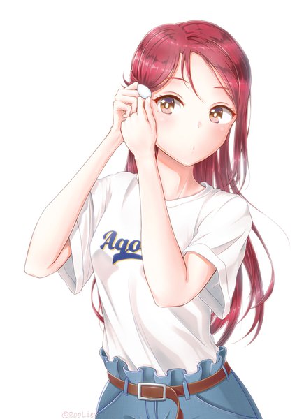 Anime picture 1254x1771 with love live! sunshine!! sunrise (studio) love live! sakurauchi riko 8oolies single long hair tall image looking at viewer blush fringe simple background standing white background brown eyes signed upper body red hair twitter username clothes writing