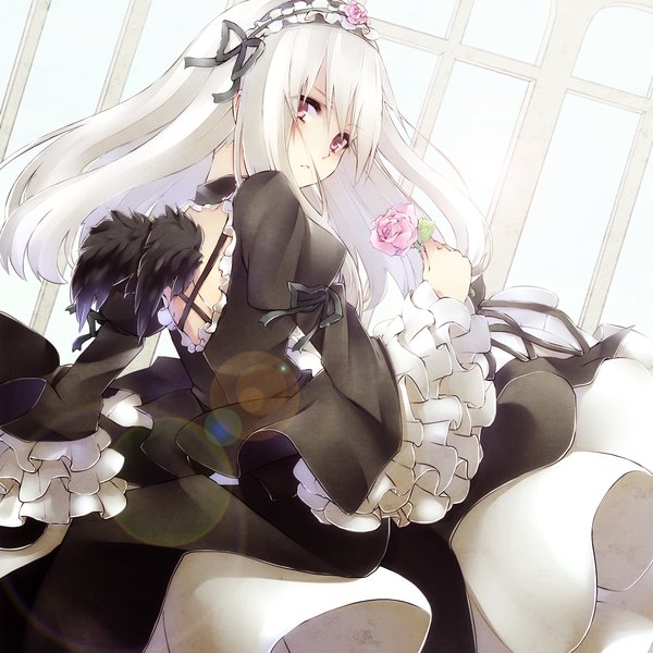 Anime picture 1280x1280 with rozen maiden suigintou xayux single long hair looking at viewer red eyes silver hair light goth-loli girl dress hair ornament flower (flowers) ribbon (ribbons) wings frills headdress window rose (roses)