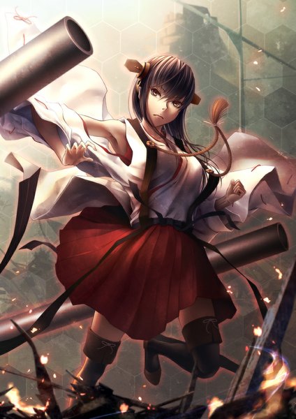 Anime picture 778x1100 with kantai collection haruna battleship oki (koi0koi) single long hair tall image looking at viewer black hair bare shoulders brown eyes girl hair ornament weapon detached sleeves thigh boots