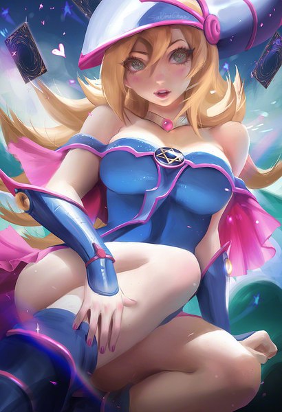 Anime picture 1026x1500 with yu-gi-oh! dark magician girl sakimichan single long hair tall image blush fringe light erotic blonde hair hair between eyes sitting bare shoulders green eyes signed looking away nail polish realistic arm support lipstick
