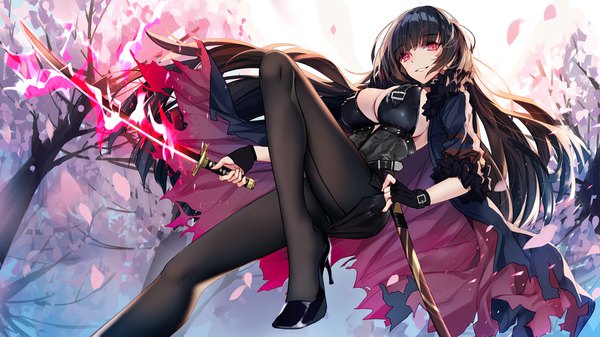Anime picture 1920x1080 with witch's weapon bison cangshu single long hair looking at viewer blush fringe highres breasts light erotic smile hair between eyes red eyes brown hair wide image large breasts holding parted lips open clothes official art