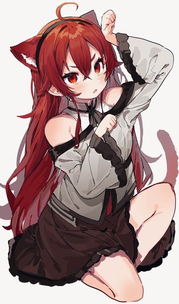 Anime picture 1212x2048 with mushoku tensei studio bind eris boreas greyrat hatachi single long hair tall image looking at viewer blush fringe open mouth simple background hair between eyes red eyes white background bare shoulders animal ears full body ahoge bent knee (knees)