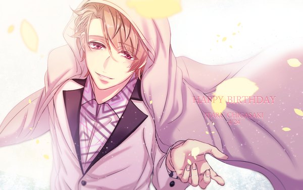 Anime picture 1450x912 with a3! chigasaki itaru murasakino single looking at viewer fringe short hair blonde hair pink hair upper body fingernails from above character names happy birthday boy petals