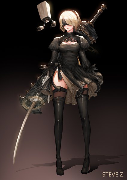 Anime picture 2480x3508 with nier nier:automata yorha no. 2 type b pod (nier:automata) steve zheng single tall image blush fringe highres short hair breasts blonde hair standing holding signed cleavage full body long sleeves lips
