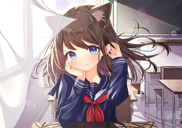 Anime picture 1637x1158 with original tsukiman single long hair looking at viewer blush fringe blue eyes smile brown hair sitting animal ears upper body long sleeves head tilt wind cat ears cat girl lens flare :3