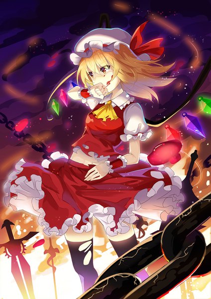 Anime picture 1241x1754 with touhou flandre scarlet rin falcon single tall image fringe short hair blonde hair hair between eyes looking away wind bare belly shaded face covered mouth blood on face girl thighhighs weapon black thighhighs wings