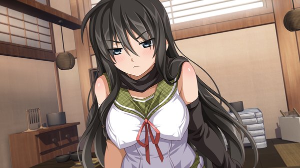 Anime picture 1280x720 with sakura spirit sukino miyo wanaca single long hair looking at viewer blush breasts blue eyes light erotic black hair wide image large breasts bare shoulders game cg erect nipples covered nipples angry girl uniform