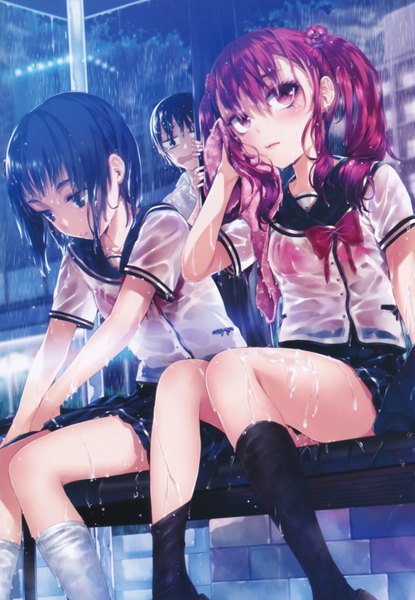Anime picture 4897x7079 with original buriki long hair tall image highres light erotic black hair red eyes twintails multiple girls looking away absurdres red hair black eyes scan rain wet clothes girl boy skirt