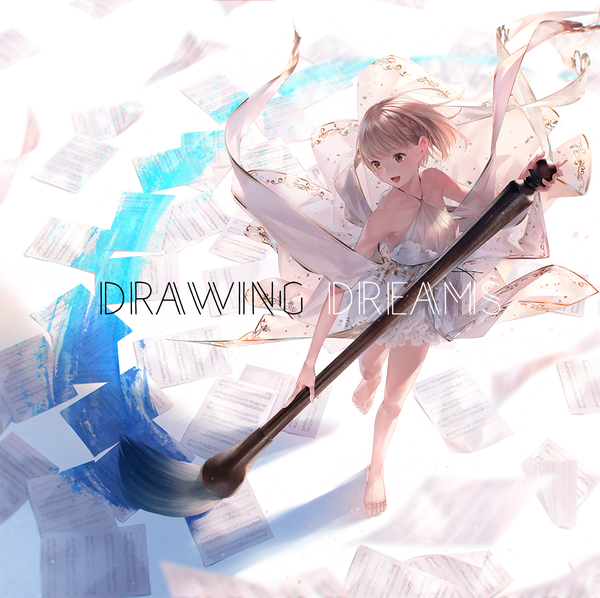 Anime picture 1000x997 with original sousou (sousouworks) single short hair open mouth blonde hair holding brown eyes looking away braid (braids) barefoot from above bare legs text english halterneck minigirl painting girl dress