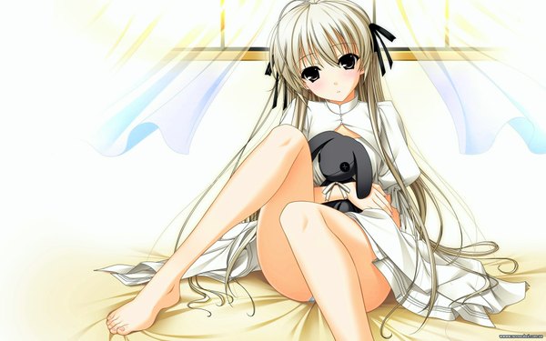 Anime picture 1920x1200 with yosuga no sora kasugano sora komori kei long hair looking at viewer blush highres light erotic wide image sitting white hair barefoot black eyes loli legs pantyshot sitting girl dress ribbon (ribbons) hair ribbon