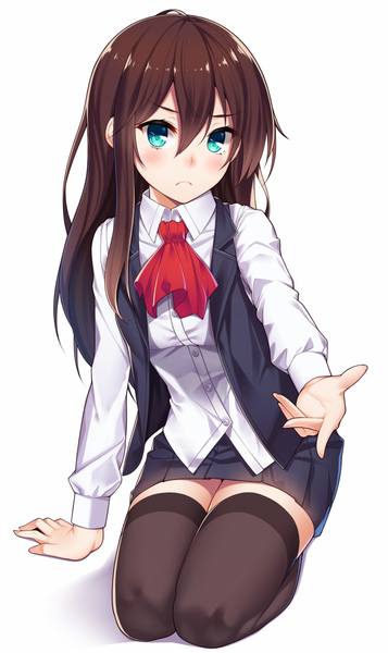 Anime picture 595x1000 with original ray littlechamber ray-akila single long hair tall image looking at viewer blush fringe simple background hair between eyes brown hair white background sitting full body aqua eyes arm support zettai ryouiki outstretched hand seiza