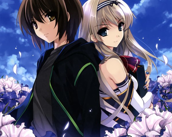 Anime picture 1920x1536 with boku to kanojo ni furu yoru (novel) misaki kurehito long hair highres short hair blue eyes black hair blonde hair bare shoulders yellow eyes sky cloud (clouds) nail polish light smile couple girl dress boy flower (flowers) earrings