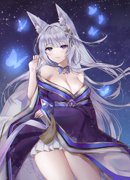 Anime picture 1749x2418 with azur lane shinano (azur lane) poho single long hair tall image looking at viewer fringe highres breasts light erotic large breasts standing purple eyes bare shoulders signed animal ears payot cleavage silver hair