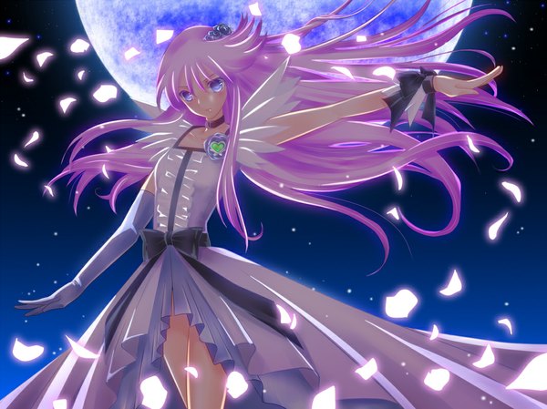 Anime picture 1067x800 with heartcatch precure! cure moonlight lilita (lilichi) single long hair blue eyes pink hair night night sky girl dress gloves bow petals choker elbow gloves moon full moon