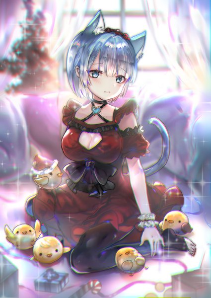 Anime picture 850x1200 with re:zero kara hajimeru isekai seikatsu white fox rem (re:zero) mirutulove single tall image looking at viewer blush fringe short hair breasts blue eyes hair between eyes large breasts sitting animal ears blue hair looking away cleavage bent knee (knees)