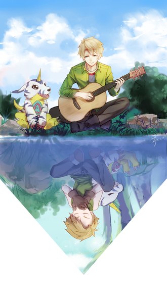Anime picture 2469x4488 with digimon digimon adventure ishida yamato gabumon 2yyi tall image fringe highres short hair open mouth blue eyes simple background blonde hair white background sitting holding brown eyes signed looking away sky
