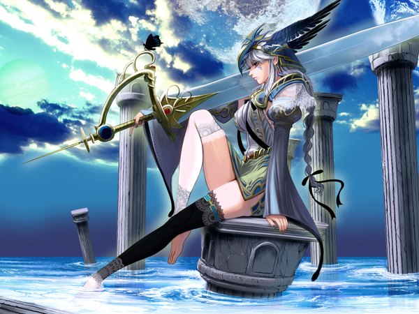 Anime picture 1600x1200 with chain chronicle sega masao long hair fringe breasts large breasts sitting sky cloud (clouds) bent knee (knees) braid (braids) nail polish barefoot grey hair no shoes single braid facial mark black wings head wings