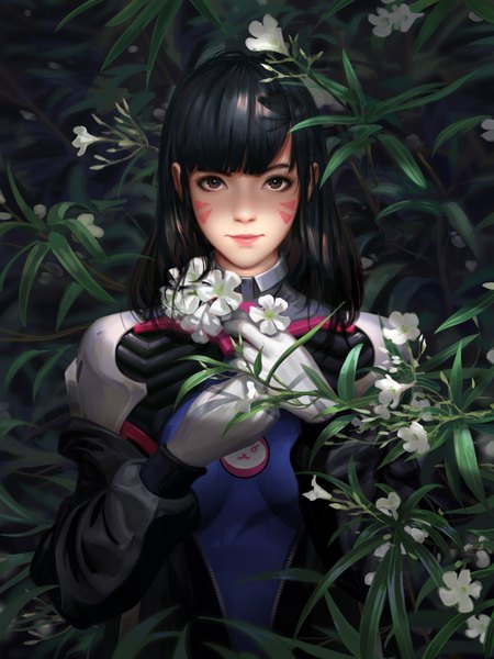 Anime picture 3000x4000 with overwatch blizzard entertainment d.va (overwatch) liang xing single long hair tall image looking at viewer fringe highres black hair standing brown eyes signed upper body blunt bangs lips realistic off shoulder open jacket