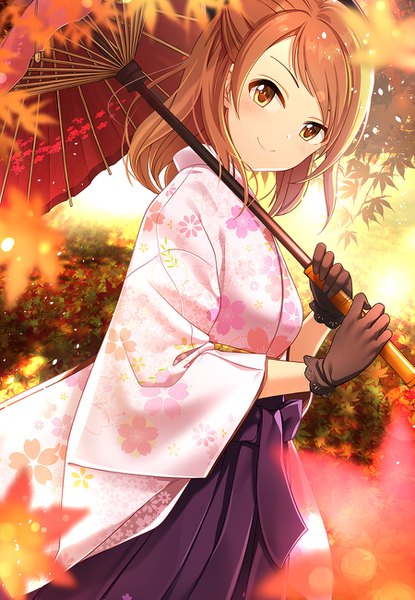 Anime picture 900x1300 with idolmaster idolmaster cinderella girls houjou karen kazu single long hair tall image looking at viewer blush fringe smile brown hair standing holding brown eyes payot outdoors traditional clothes japanese clothes blurry