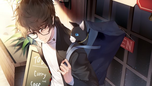 Anime picture 2000x1142 with persona 5 persona amamiya ren morgana (persona 5) carchet single fringe highres short hair brown hair wide image holding brown eyes looking away upper body from above sunlight boy animal glasses