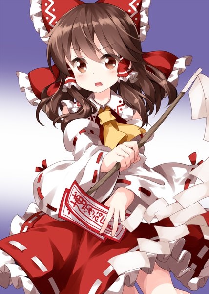 Anime picture 1000x1400 with touhou hakurei reimu ruu (tksymkw) single long hair tall image looking at viewer open mouth simple background brown hair brown eyes girl bow hair bow detached sleeves hair tubes ascot gohei ofuda