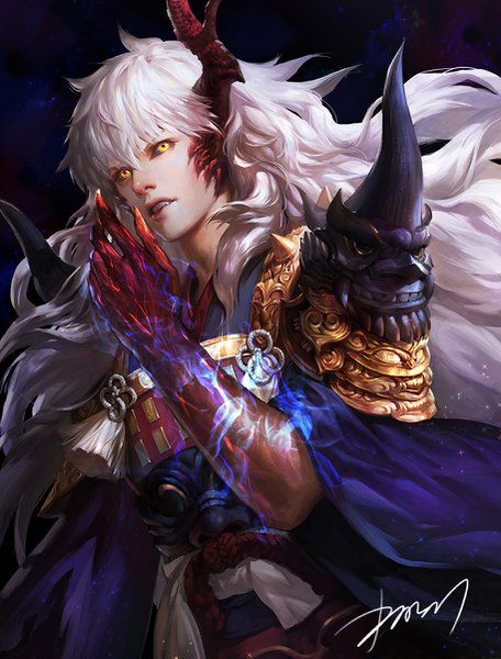 Anime picture 913x1201 with onmyoji ibaraki douji (onmyoji) shitsu soku k single long hair tall image fringe hair between eyes signed yellow eyes looking away upper body white hair traditional clothes parted lips japanese clothes horn (horns) glowing black sclera boy