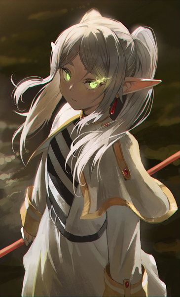 Anime picture 1249x2051 with sousou no frieren frieren dotthebot single long hair tall image looking at viewer twintails green eyes silver hair pointy ears glowing elf glowing eye (eyes) anaglyph girl earrings