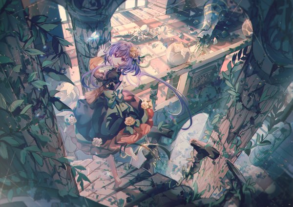 Anime picture 1415x1000 with touhou tsukumo benben yasato single long hair looking at viewer purple eyes twintails purple hair full body barefoot hair flower from above low twintails walking ruins girl dress flower (flowers) plant (plants)
