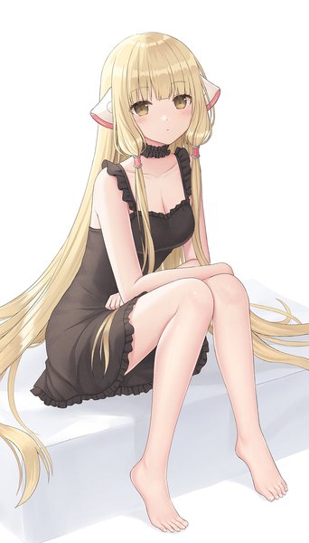 Anime picture 999x1752 with chobits chii seungju lee single tall image looking at viewer fringe simple background blonde hair white background sitting yellow eyes full body blunt bangs very long hair barefoot bare legs sleeveless girl dress