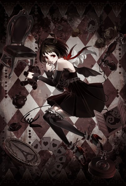 Anime picture 1181x1748 with original hachimitsu banana single tall image looking at viewer short hair black hair red eyes bare shoulders horn (horns) rhombus girl thighhighs dress black thighhighs detached sleeves wings black dress toy stuffed animal