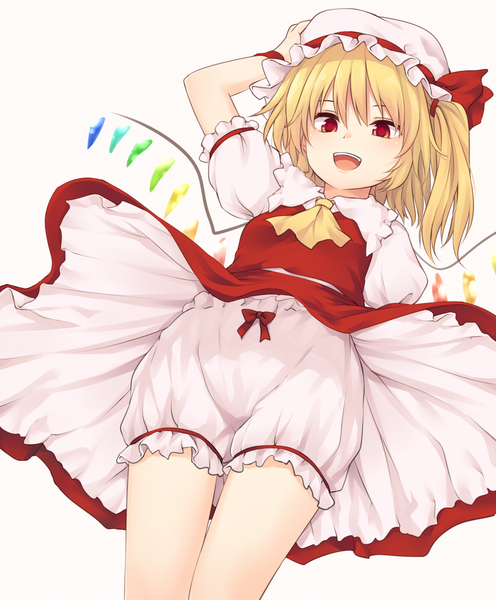Anime picture 1148x1388 with touhou flandre scarlet miyo (ranthath) single tall image looking at viewer blush fringe short hair open mouth simple background blonde hair smile red eyes white background :d from below short sleeves dutch angle one side up