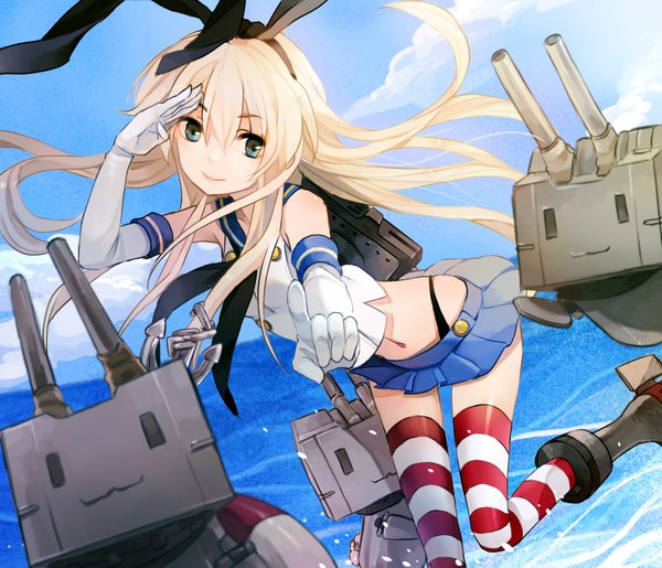 Anime picture 1646x1413 with kantai collection shimakaze destroyer rensouhou-chan q-chiang single long hair looking at viewer blue eyes blonde hair smile sky cloud (clouds) outstretched arm pointing salute girl thighhighs skirt gloves navel