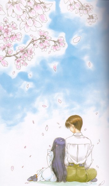 Anime picture 1200x2034 with seraphic feather long hair tall image short hair brown hair sitting purple hair from behind couple cherry blossoms girl dress boy shirt petals
