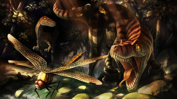 Anime picture 2560x1438 with dragon's crown vanillaware highres open mouth wide image yellow eyes teeth fang (fangs) flying river plant (plants) tree (trees) insect forest stone (stones) dragonfly dinosaur