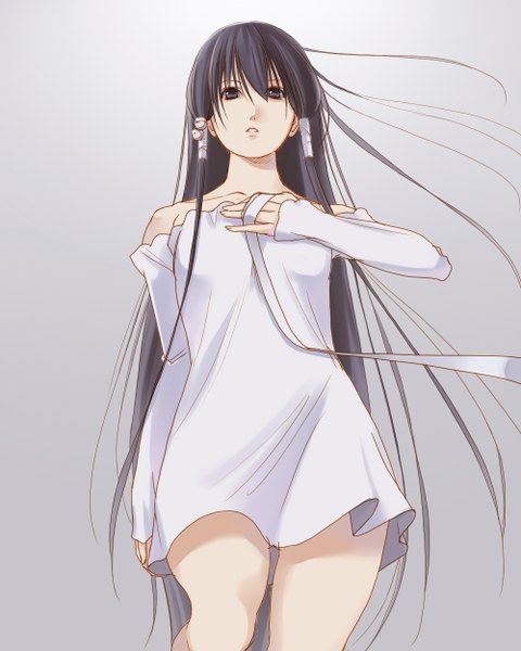 Anime picture 1000x1250 with getbackers studio deen fuuchouin kazuki hirai chika single long hair tall image black hair simple background standing twintails bare shoulders brown eyes ponytail long sleeves flat chest otoko no ko dress boy ribbon (ribbons)