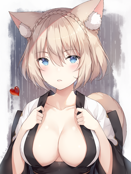 Anime picture 864x1146 with final fantasy final fantasy xiv square enix miqo'te ayuanlv single tall image looking at viewer blush fringe short hair breasts open mouth blue eyes light erotic blonde hair hair between eyes large breasts standing signed