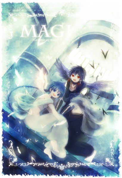 Anime picture 1024x1500 with magi the labyrinth of magic a-1 pictures judal aladdin (magi) tagme (artist) tall image open mouth blue eyes smile red eyes sitting blue hair purple hair braid (braids) inscription framed boy earrings wings building (buildings)