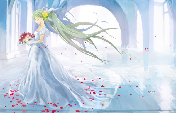 Anime picture 1200x774 with vocaloid hatsune miku hirokiku single twintails very long hair profile hair flower green hair wind girl dress gloves hair ornament flower (flowers) petals bouquet wedding dress bride