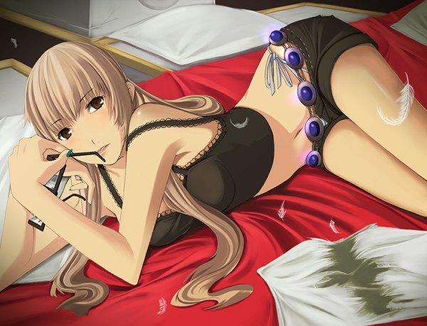 Anime picture 1120x858 with catherine (game) katherine mcbride tsumiki kuzushi long hair light erotic blonde hair brown eyes cleavage nail polish girl glasses shorts feather (feathers)